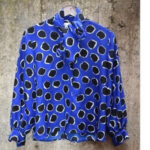 Arthur Kohler by Tricoville of London Blue Polka Dot Silk Blouse  8 Vintage